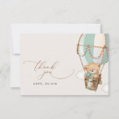 テディベア、グリーンホットエアバルーン、ベビーシャワー サンキューカード (正面)