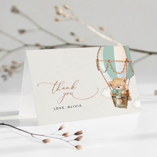 テディベア、グリーンホットエアバルーン、ベビーシャワー サンキューカード