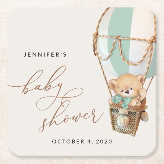 テディベア、グリーンホットエアバルーン、ベビーシャワー スクエアペーパーコースター (正面)