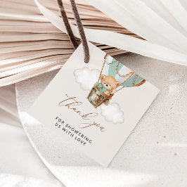 テディベア、グリーンホットエアバルーン、ベビーシャワー フェイバータグ