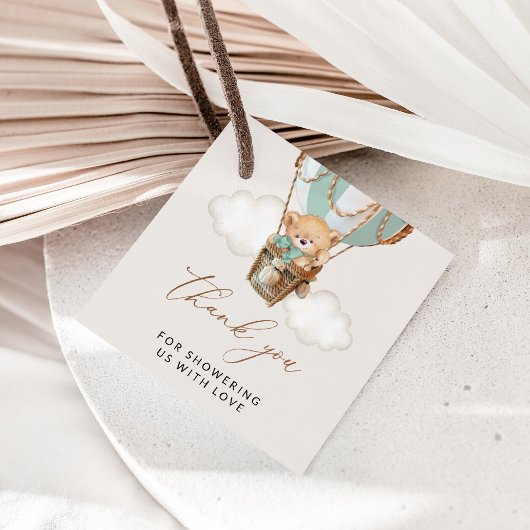 テディベア、グリーンホットエアバルーン、ベビーシャワー フェイバータグ