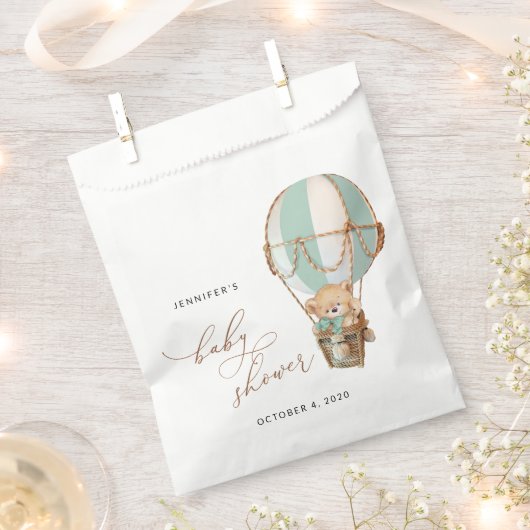 テディベア、グリーンホットエアバルーン、ベビーシャワー フェイバーバッグ (クリップ留めされた状態)