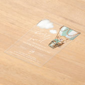 テディベア、グリーンホットエアバルーン、第1誕生日 アクリル招待状 (レイダウン)