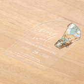 テディベア、グリーンホットエアバルーン、第1誕生日 アクリル招待状 (レイダウン)