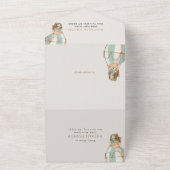 テディベア、グリーンホットエアバルーン、第1誕生日 オールインワン招待状 (外側)