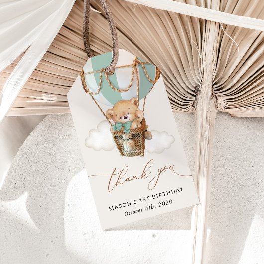 テディベア、グリーンホットエアバルーン、第1誕生日 ギフトタグ