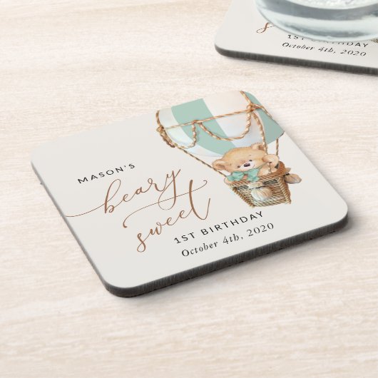 テディベア、グリーンホットエアバルーン、第1誕生日 コースター (左側)