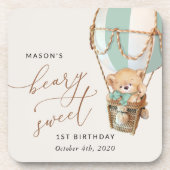 テディベア、グリーンホットエアバルーン、第1誕生日 コースター (正面)