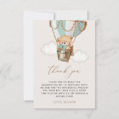 テディベア、グリーンホットエアバルーン、第1誕生日 サンキューカード (正面)