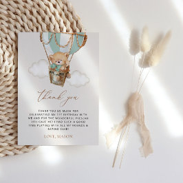 テディベア、グリーンホットエアバルーン、第1誕生日 サンキューカード