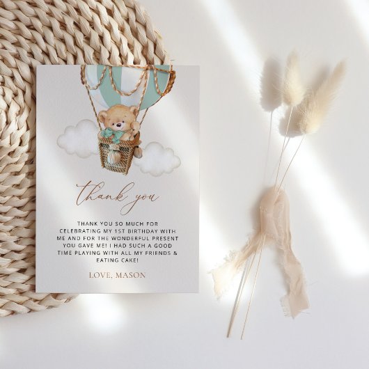 テディベア、グリーンホットエアバルーン、第1誕生日 サンキューカード
