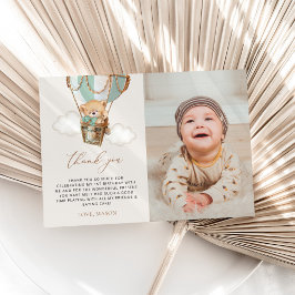 テディベア、グリーンホットエアバルーン、第1誕生日 サンキューカード