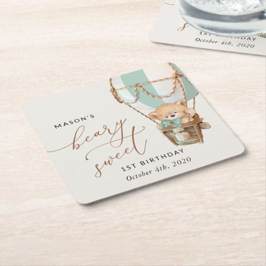 テディベア、グリーンホットエアバルーン、第1誕生日 スクエアペーパーコースター (アングル)