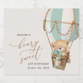 テディベア、グリーンホットエアバルーン、第1誕生日 スパークリングワインラベル (シングルラベル)