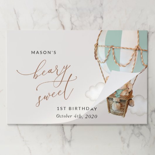 テディベア、グリーンホットエアバルーン、第1誕生日 ペーパーパッド (折り畳み)