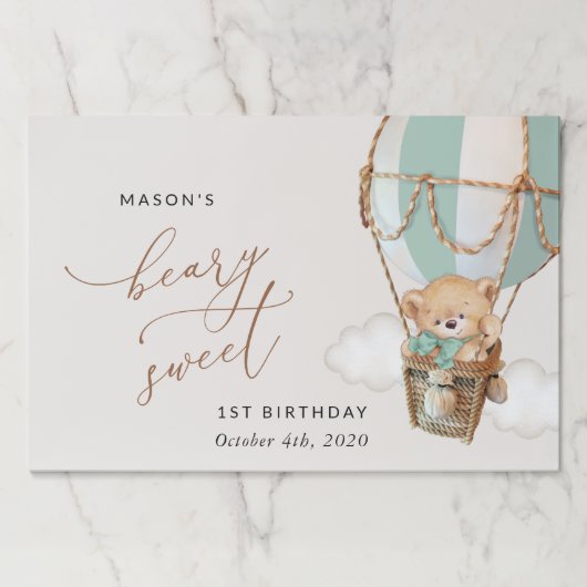 テディベア、グリーンホットエアバルーン、第1誕生日 ペーパーパッド (正面)