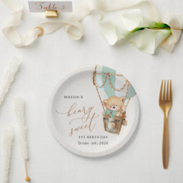 テディベア、グリーンホットエアバルーン、第1誕生日 ペーパープレート