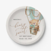 テディベア、グリーンホットエアバルーン、第1誕生日 ペーパープレート (正面)