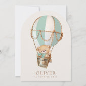 テディベア、グリーンホットエアバルーン、第1誕生日 招待状 (裏面)