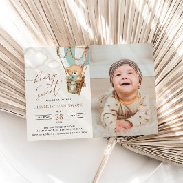 テディベア、グリーンホットエアバルーン、第1誕生日 招待状