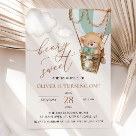 テディベア、グリーンホットエアバルーン、第1誕生日 招待状