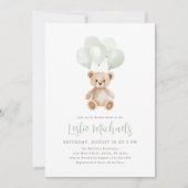 テディベア サージブルー風船 赤ちゃん歓迎会 招待状 (正面)