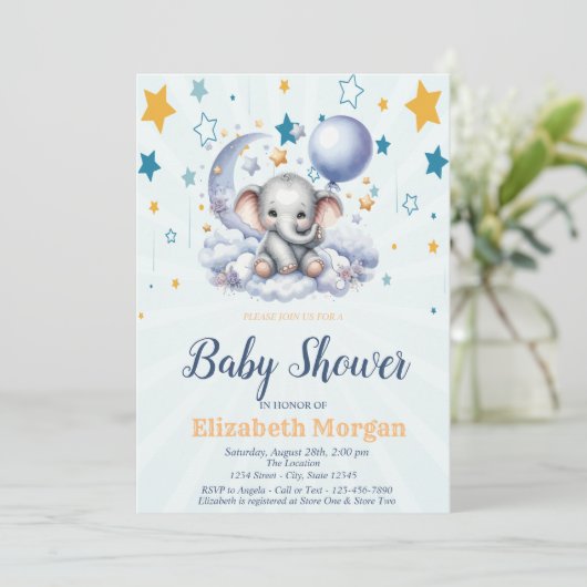 テディベア、スターズクラウドムーンバルーンベビーシャワー 招待状 (スタンド正面)
