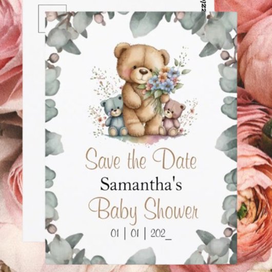 テディベア ツインズ 水彩画  日付入り ポストカード