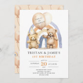 テディベア ツインズ 1歳の誕生日 水彩画 招待状 (正面/裏面)