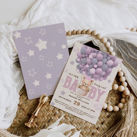 テディベア バイオレット ピンク 女の子 シャワー 招待状