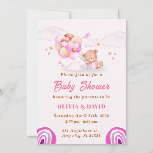 テディベア、バルーンピンクと茶色の赤ちゃんシャワー 招待状 (正面)