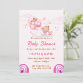 テディベア、バルーンピンクと茶色の赤ちゃんシャワー 招待状 (スタンド正面)