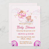 テディベア、バルーンピンクと茶色の赤ちゃんシャワー 招待状 (正面/裏面)