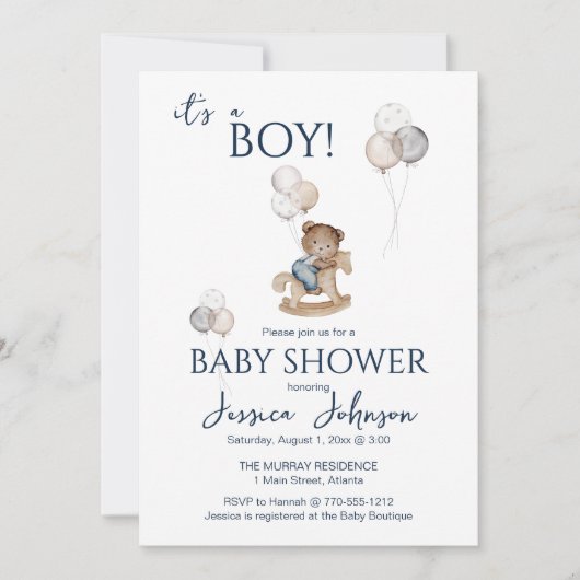 テディベア&バルーン赤ちゃんシャワー付き男の子 招待状 (正面)