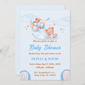 テディベア、バルーン青と茶色の赤ちゃんシャワー 招待状 (正面/裏面)