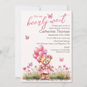 テディベア バルーン ピンク バタフライ ガール ベビーシャワー 招待状 (正面)