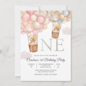 テディベア バルーン 1歳誕生日 招待状 (正面)