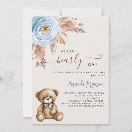 テディベア・パンパスグラス青い少年の赤ちゃんシャワー 招待状 (正面)