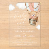 テディベア、ピンクのホットエアバルーン、ベビーシャワー アクリル招待状 (正面)