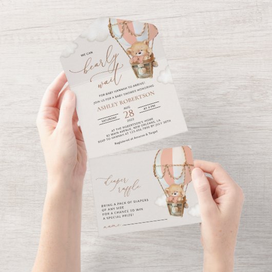 テディベア、ピンクのホットエアバルーン、ベビーシャワー オールインワン招待状 (貼ってはがせる)