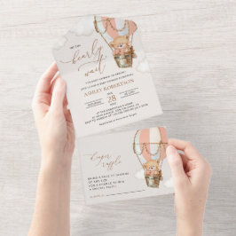 テディベア、ピンクのホットエアバルーン、ベビーシャワー オールインワン招待状