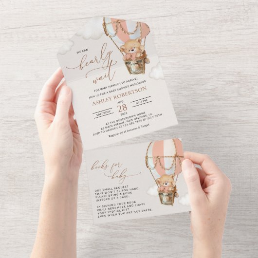 テディベア、ピンクのホットエアバルーン、ベビーシャワー オールインワン招待状 (貼ってはがせる)