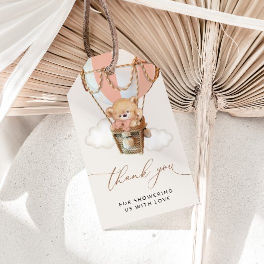 テディベア、ピンクのホットエアバルーン、ベビーシャワー ギフトタグ