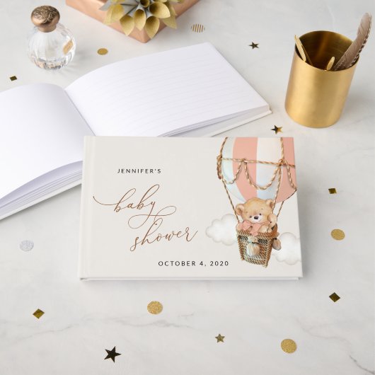 テディベア、ピンクのホットエアバルーン、ベビーシャワー ゲストブック (正面見開き)