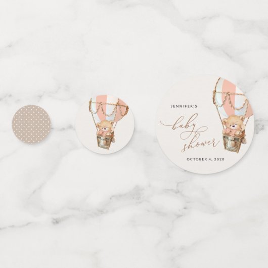 テディベア、ピンクのホットエアバルーン、ベビーシャワー コンフェッティ (裏面)