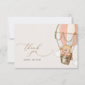 テディベア、ピンクのホットエアバルーン、ベビーシャワー サンキューカード (正面)