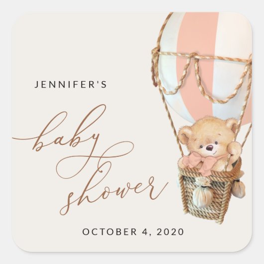 テディベア、ピンクのホットエアバルーン、ベビーシャワー スクエアシール (正面)