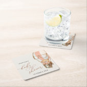 テディベア、ピンクのホットエアバルーン、ベビーシャワー スクエアペーパーコースター (インサイチュ)