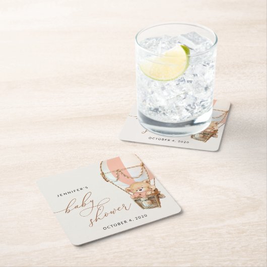 テディベア、ピンクのホットエアバルーン、ベビーシャワー スクエアペーパーコースター (インサイチュ)