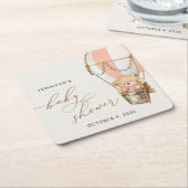 テディベア、ピンクのホットエアバルーン、ベビーシャワー スクエアペーパーコースター (アングル)